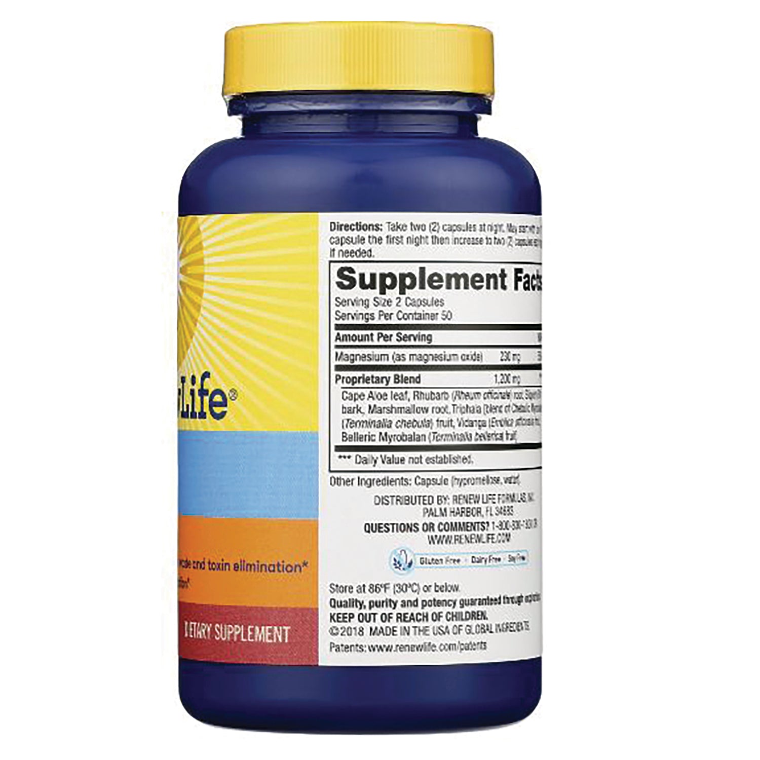 RNL016 | Back of blue supplement bottle showing Supplement Facts panel, directions, and colorful label with yellow cap