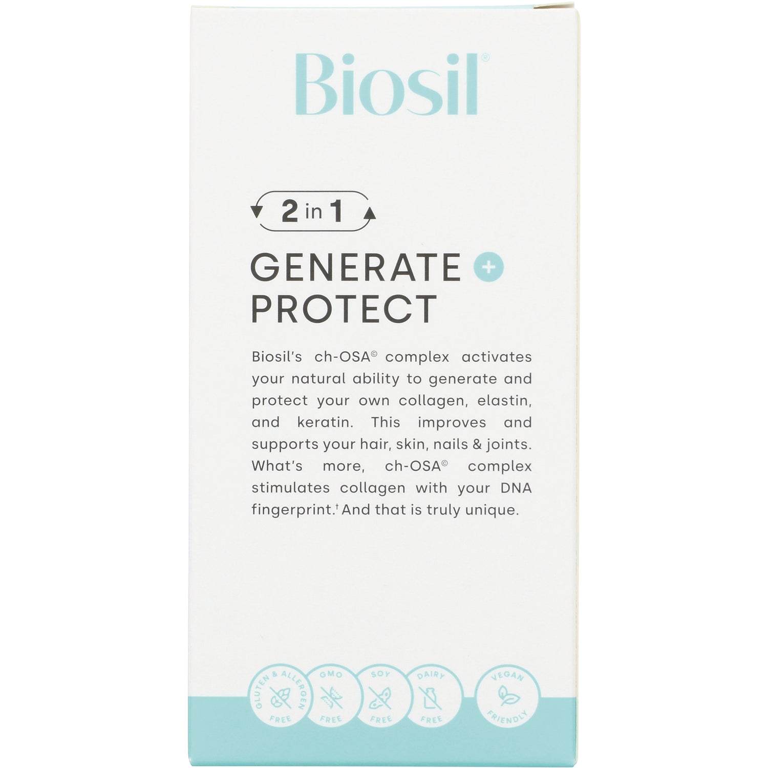 NFC103 | Biosil product infographic box reading Generate Protect with benefits text and circular icons