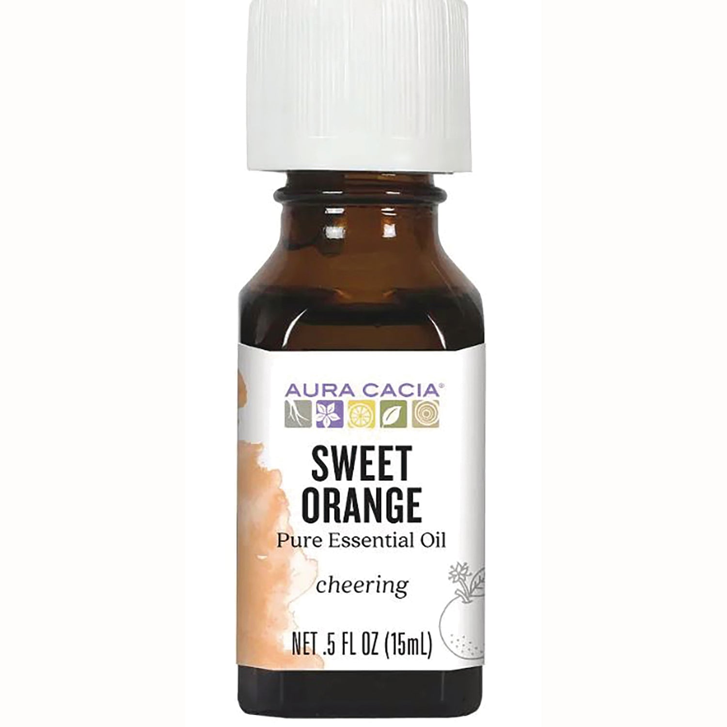 ARC007 | Amber 15 mL bottle of Aura Cacia Sweet Orange pure essential oil labeled cheering