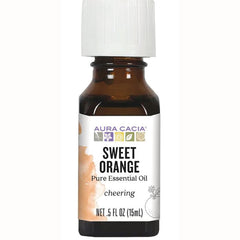 ARC007 | Amber 15 mL bottle of Aura Cacia Sweet Orange pure essential oil labeled cheering