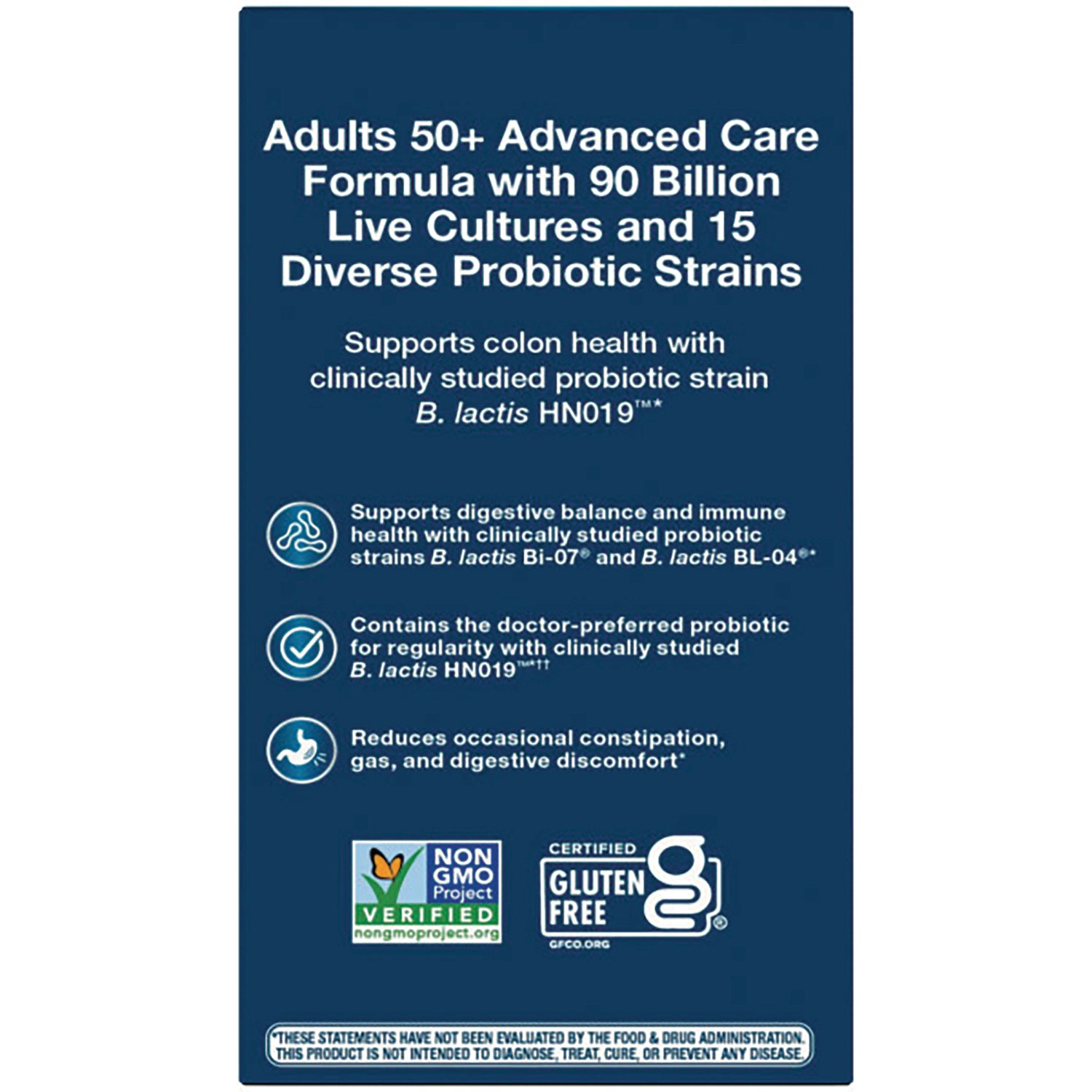 NW805 | Product infographic: Adults 50+ advanced care formula  90B live cultures, 15 probiotic strains, Non-GMO, gluten free