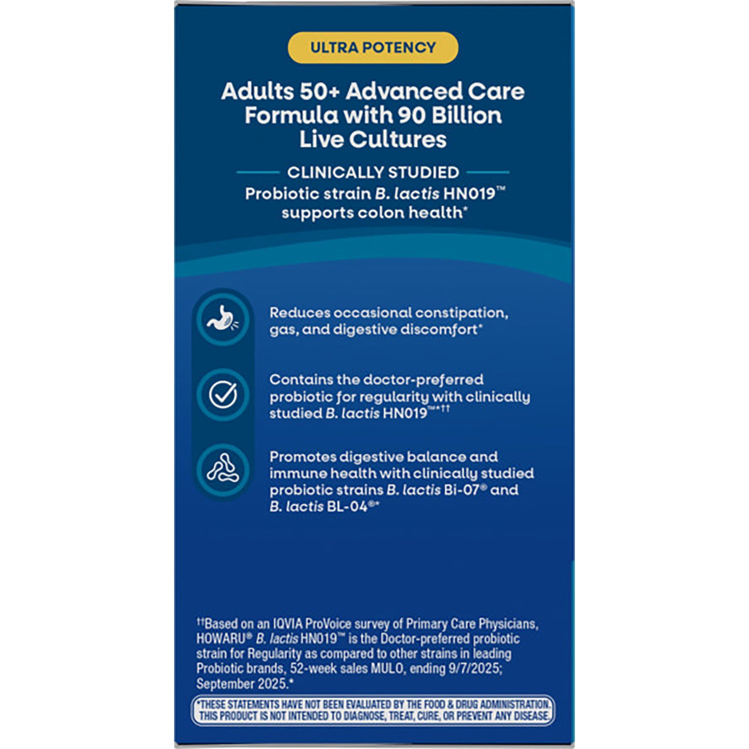 NW805 | Product infographic: Adults 50+ advanced care formula — 90B live cultures, 15 probiotic strains, Non-GMO, gluten free
