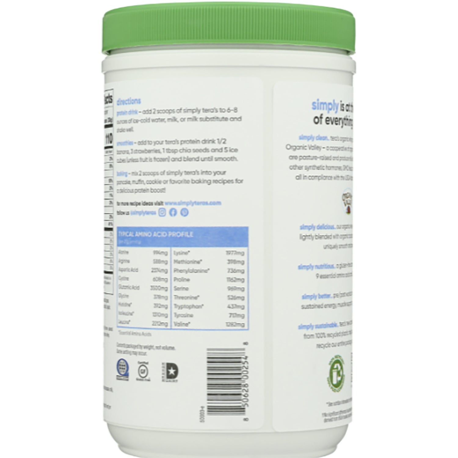 TER008 | Back of simply tera's protein powder tub with directions, Typical Amino Acid Profile panel, and barcode