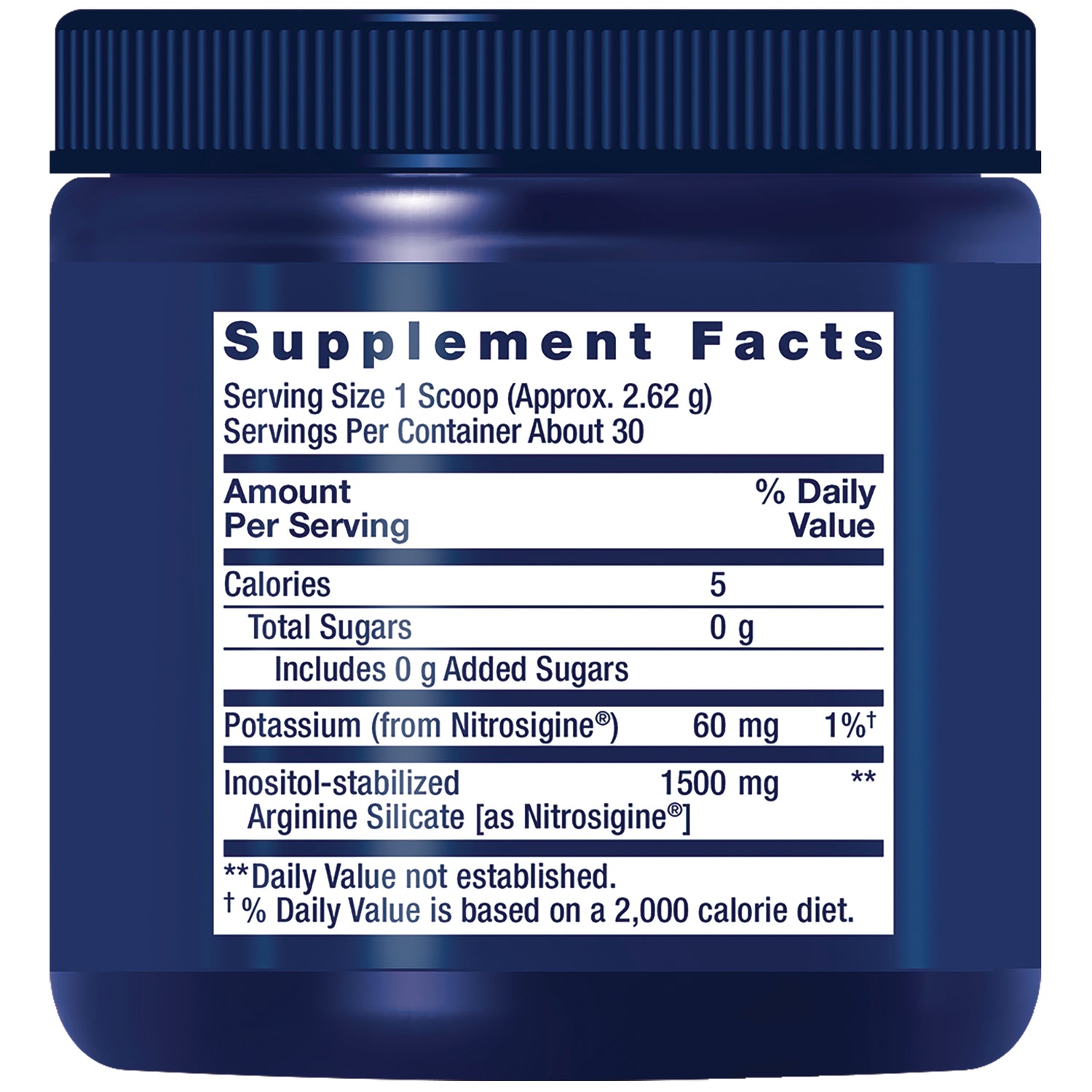 LE589 | Supplement Facts label showing serving size 1 scoop, calories 5, potassium 60 mg, inositol-stabilized arginine silicate 1500 mg