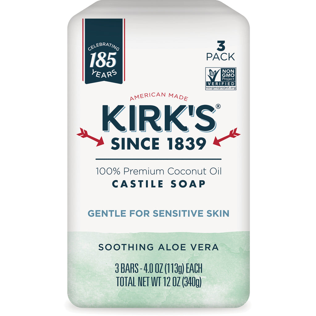 KIR013 | Kirk's Castile Soap soothing aloe vera 3-pack front packaging, 100% premium coconut oil, gentle for sensitive skin - Thumbnail