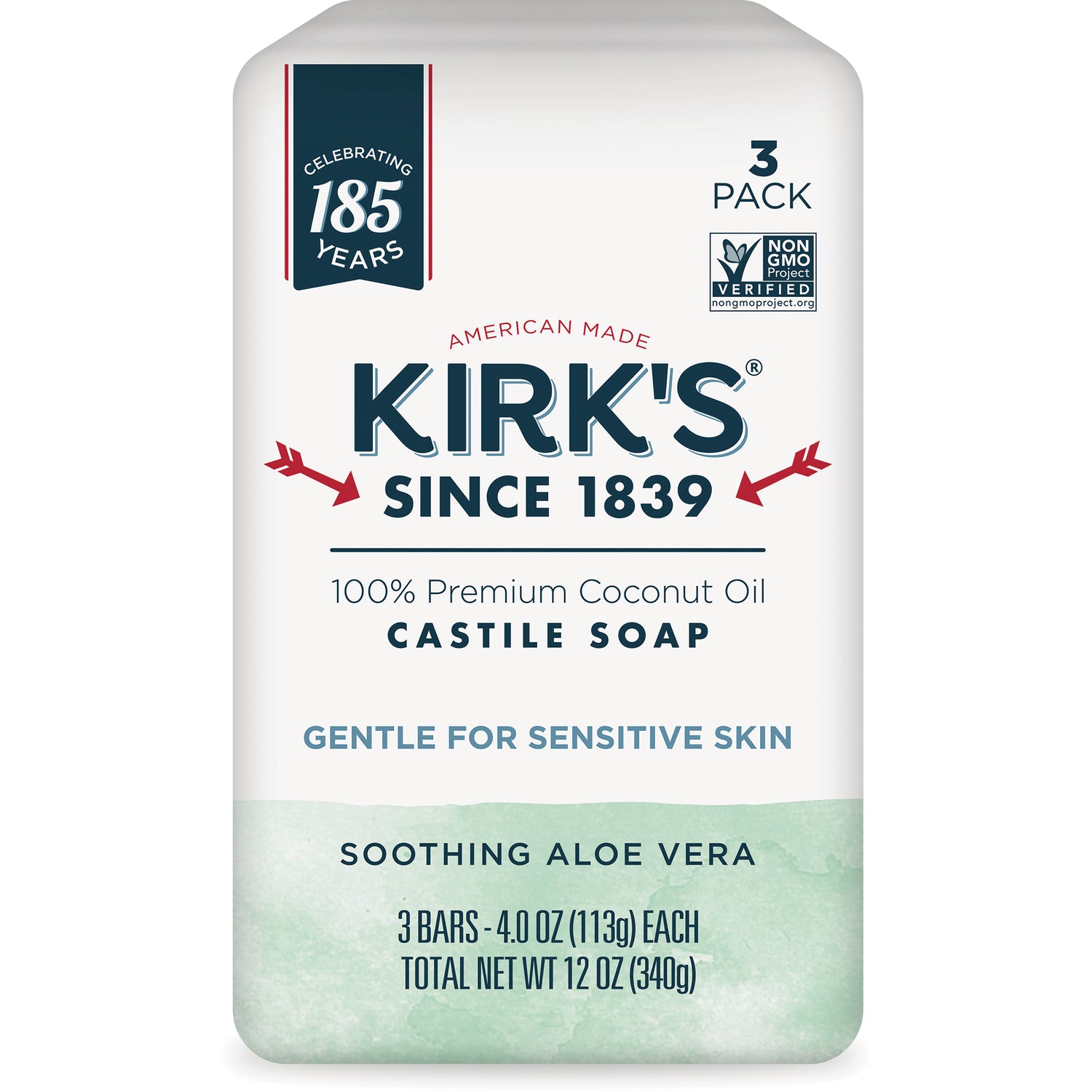 KIR013 | Kirk's Castile Soap soothing aloe vera 3-pack front packaging, 100% premium coconut oil, gentle for sensitive skin