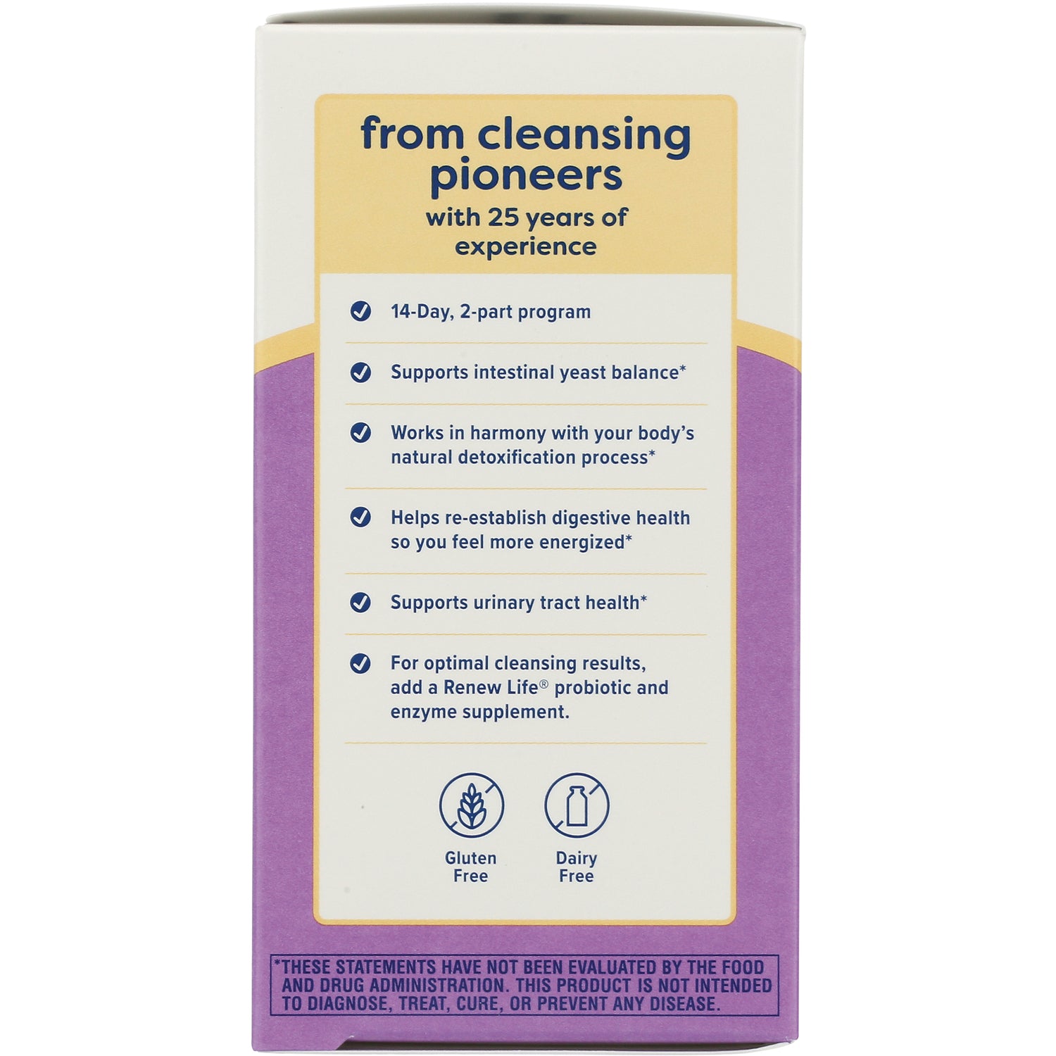 RNL014 | Back panel showing benefits list headed from cleansing pioneers with 25 years of experience, gluten free and dairy free icons