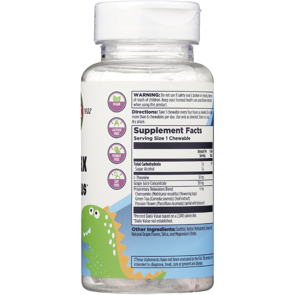 KL532 | back of children's supplement bottle showing supplement facts panel, directions, warnings and dinosaur graphic - Thumbnail