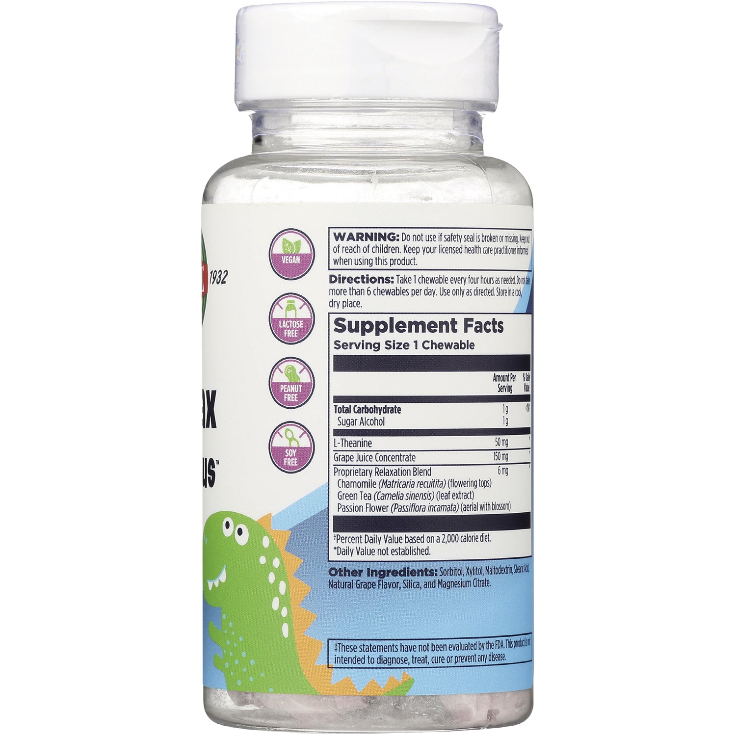 KL532 | back of children's supplement bottle showing supplement facts panel, directions, warnings and dinosaur graphic
