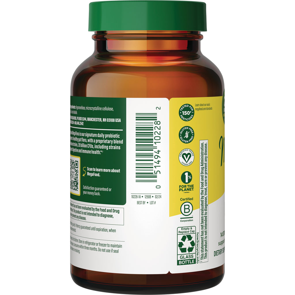 MGF004 | Back of amber supplement bottle showing barcode, certifications, recycling and glass bottle icons - Thumbnail