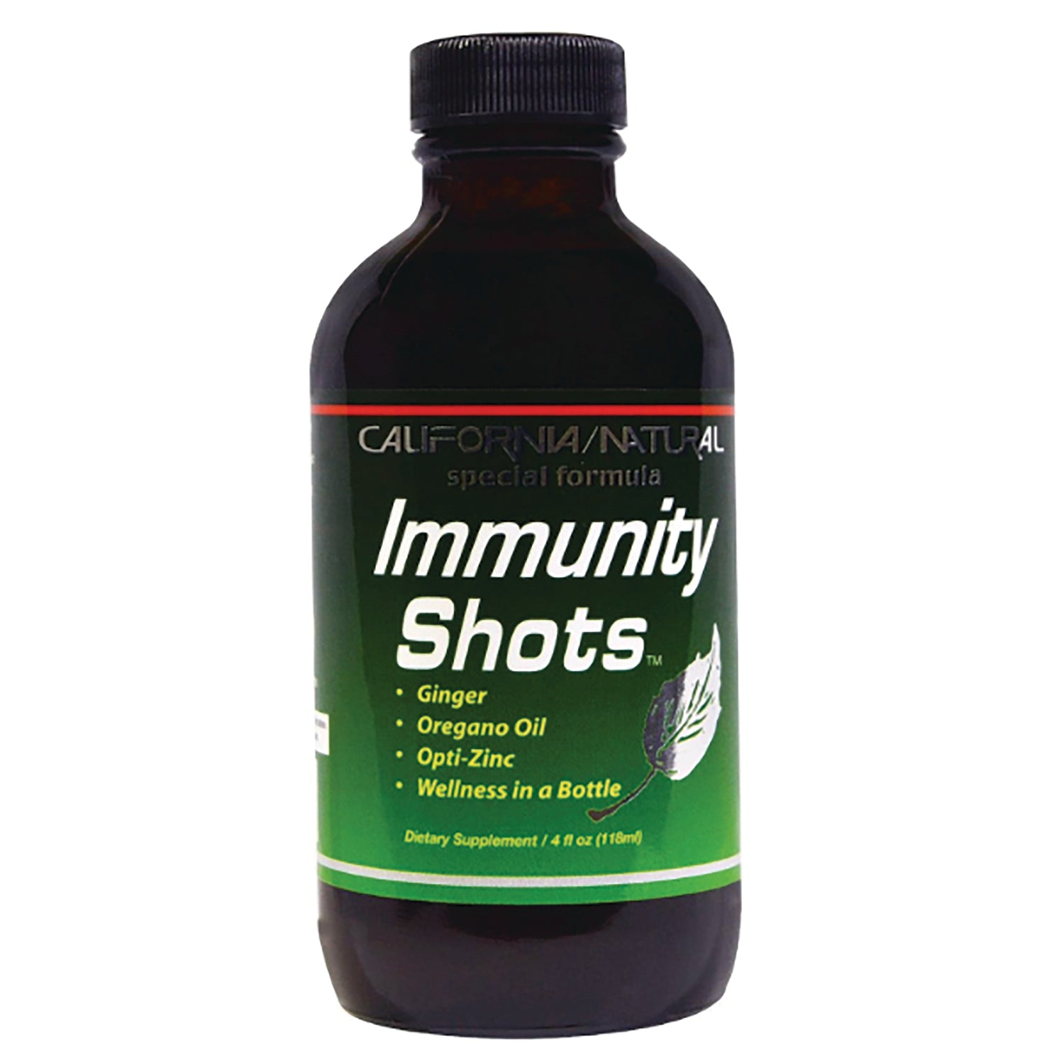 CNA004 | dark bottle labeled CALIFORNIA/NATURAL Immunity Shots dietary supplement listing Ginger, Oregano Oil, Opti-Zinc