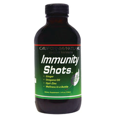 CNA004 | dark bottle labeled CALIFORNIA/NATURAL Immunity Shots dietary supplement listing Ginger, Oregano Oil, Opti-Zinc