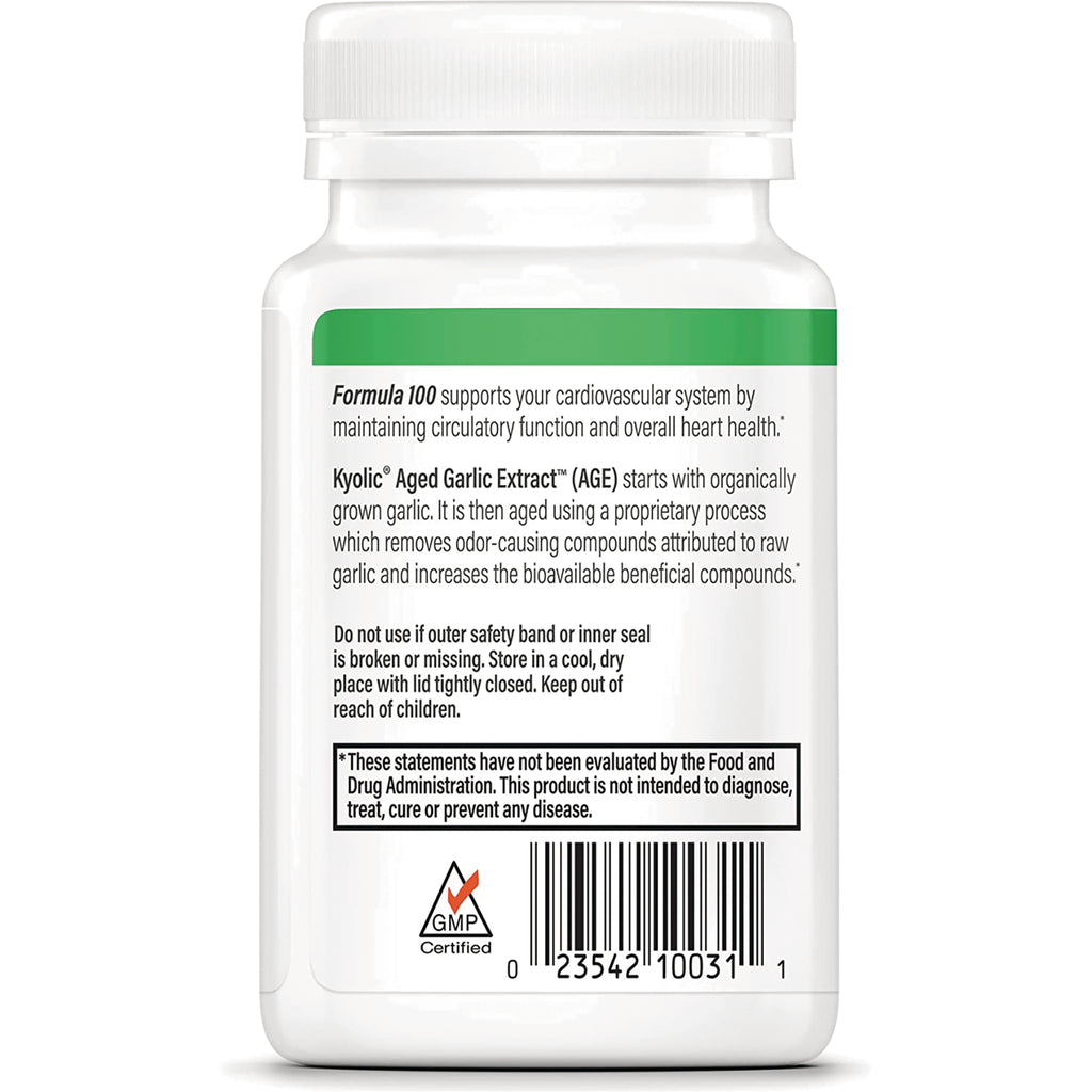 KY097 | Back label of white supplement bottle showing Kyolic Aged Garlic Extract description, warnings, barcode and GMP certified logo - Thumbnail