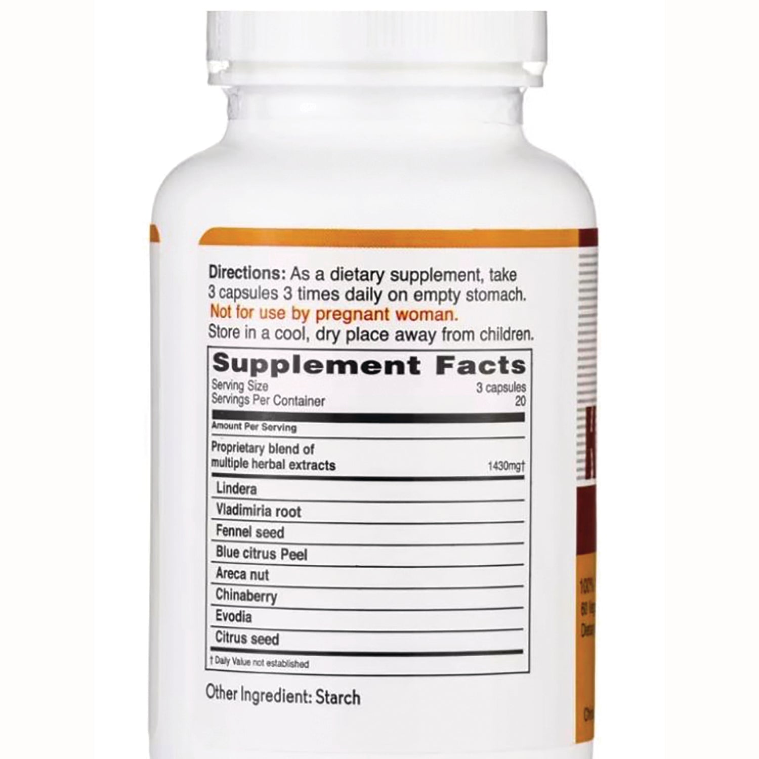 BAL004 | Back label showing Directions and Supplement Facts panel listing ingredients and 'Not for use by pregnant woman'