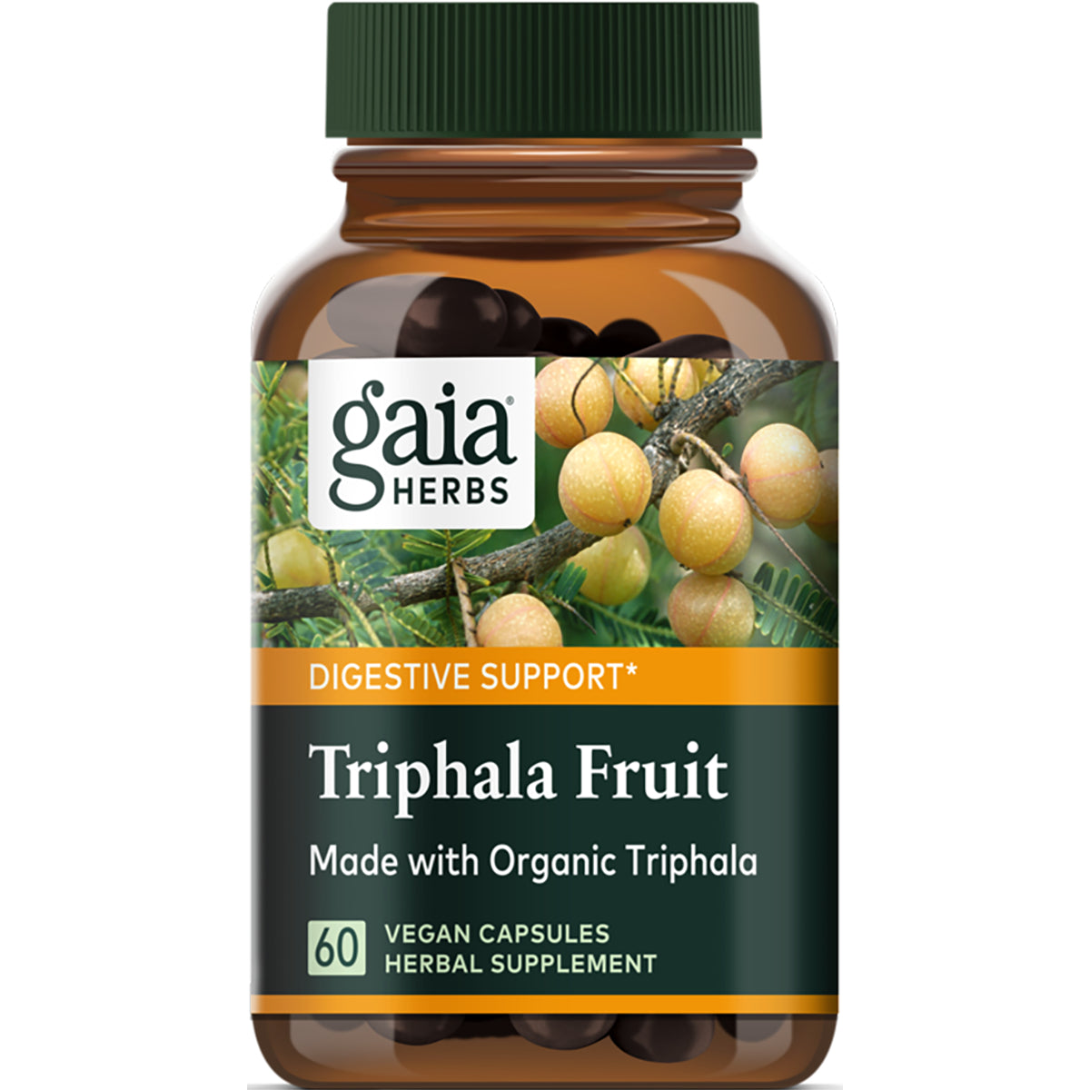 GH083 | Gaia Herbs Triphala Fruit supplement bottle label made with organic triphala, 60 vegan capsules