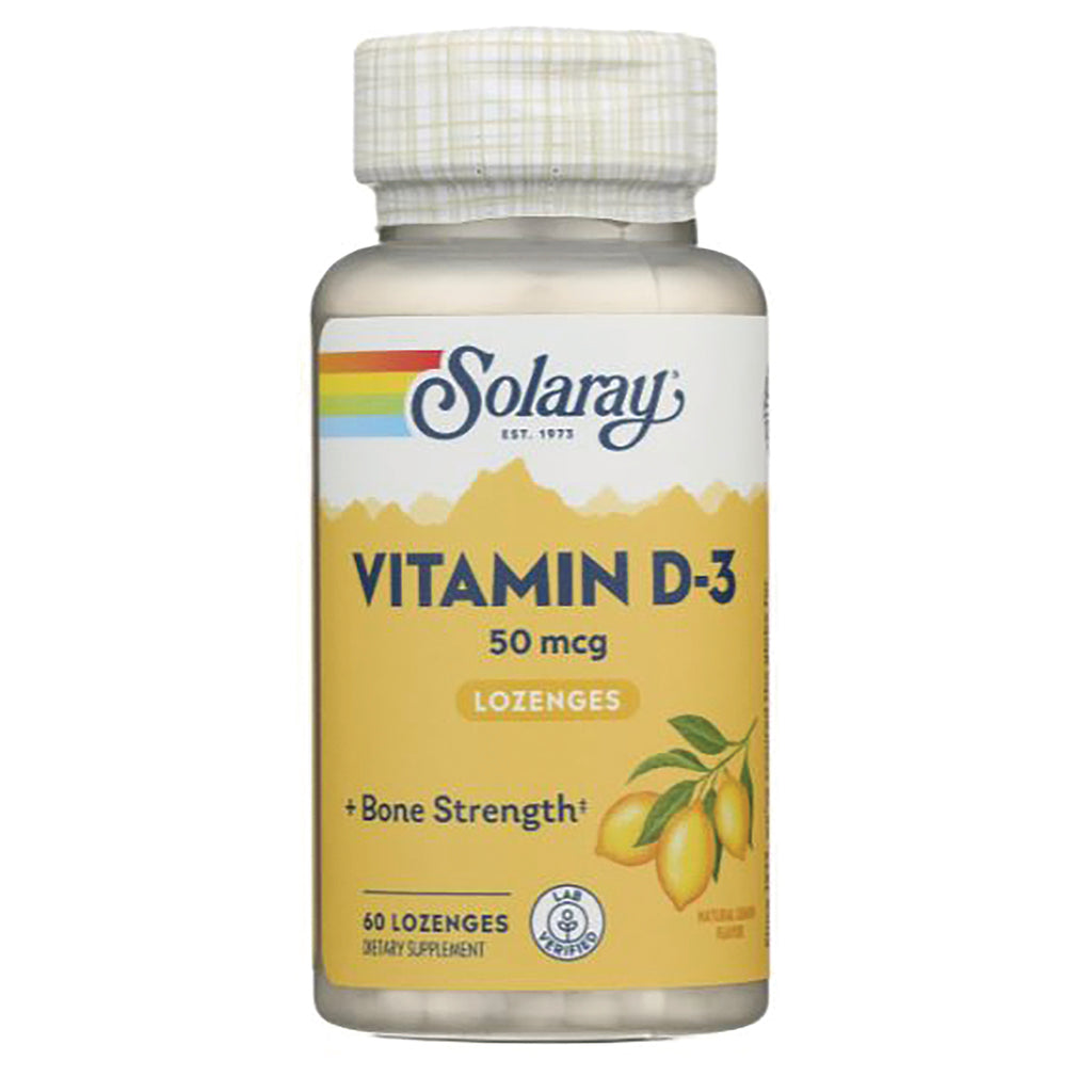 SLR423 | Solaray Vitamin D-3 50 mcg lozenges bottle with 60 lozenges for bone strength - Thumbnail
