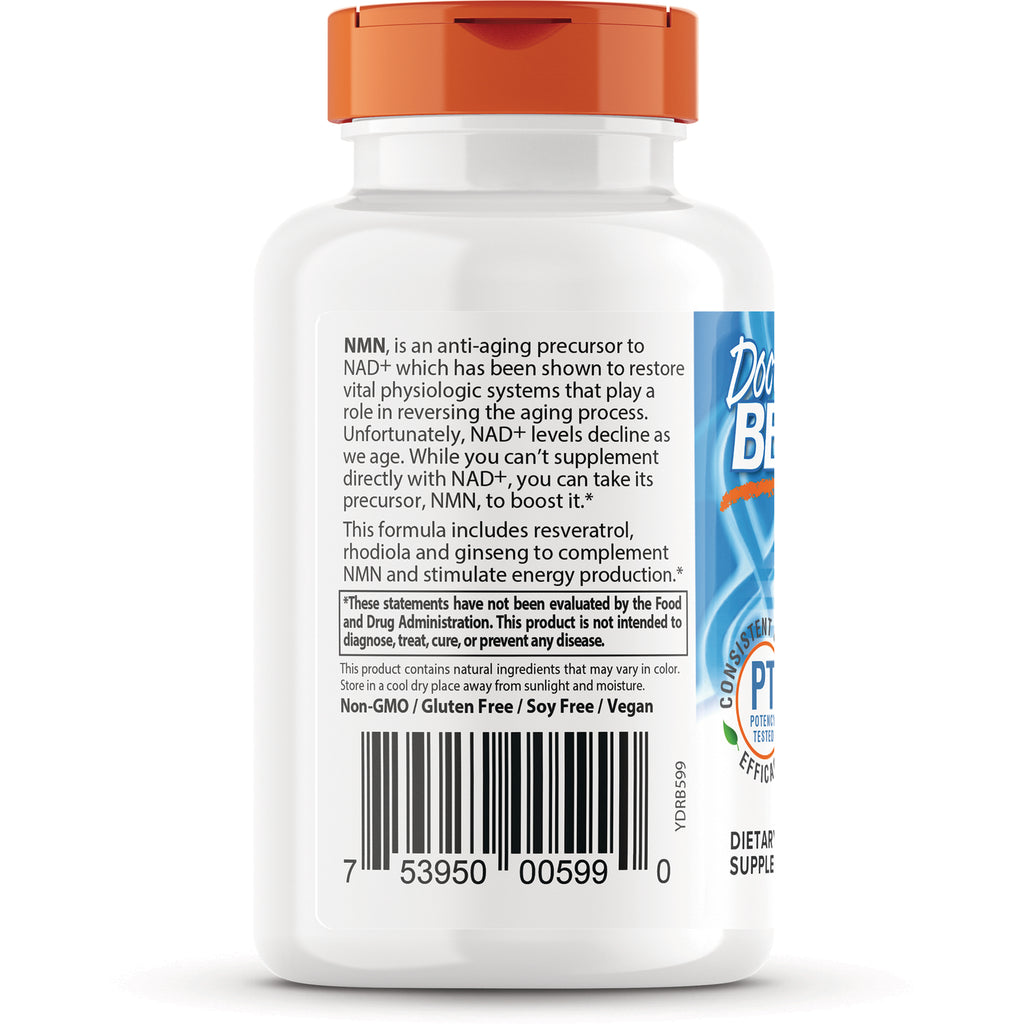 DB288 | Back of white supplement bottle with orange cap showing NMN description, warning box and barcode - Thumbnail