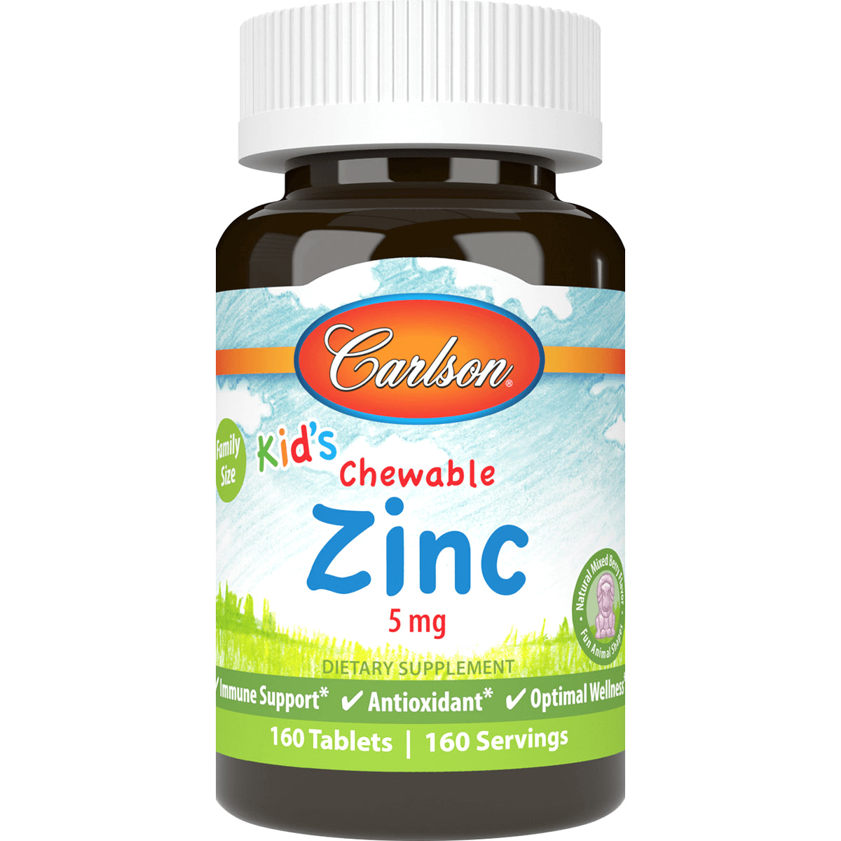 CSN295 | Carlson Kid's Chewable Zinc 5 mg bottle front label, 160 tablets family size