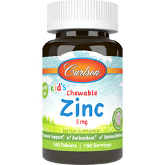 CSN295 | Carlson Kid's Chewable Zinc 5 mg bottle front label, 160 tablets family size