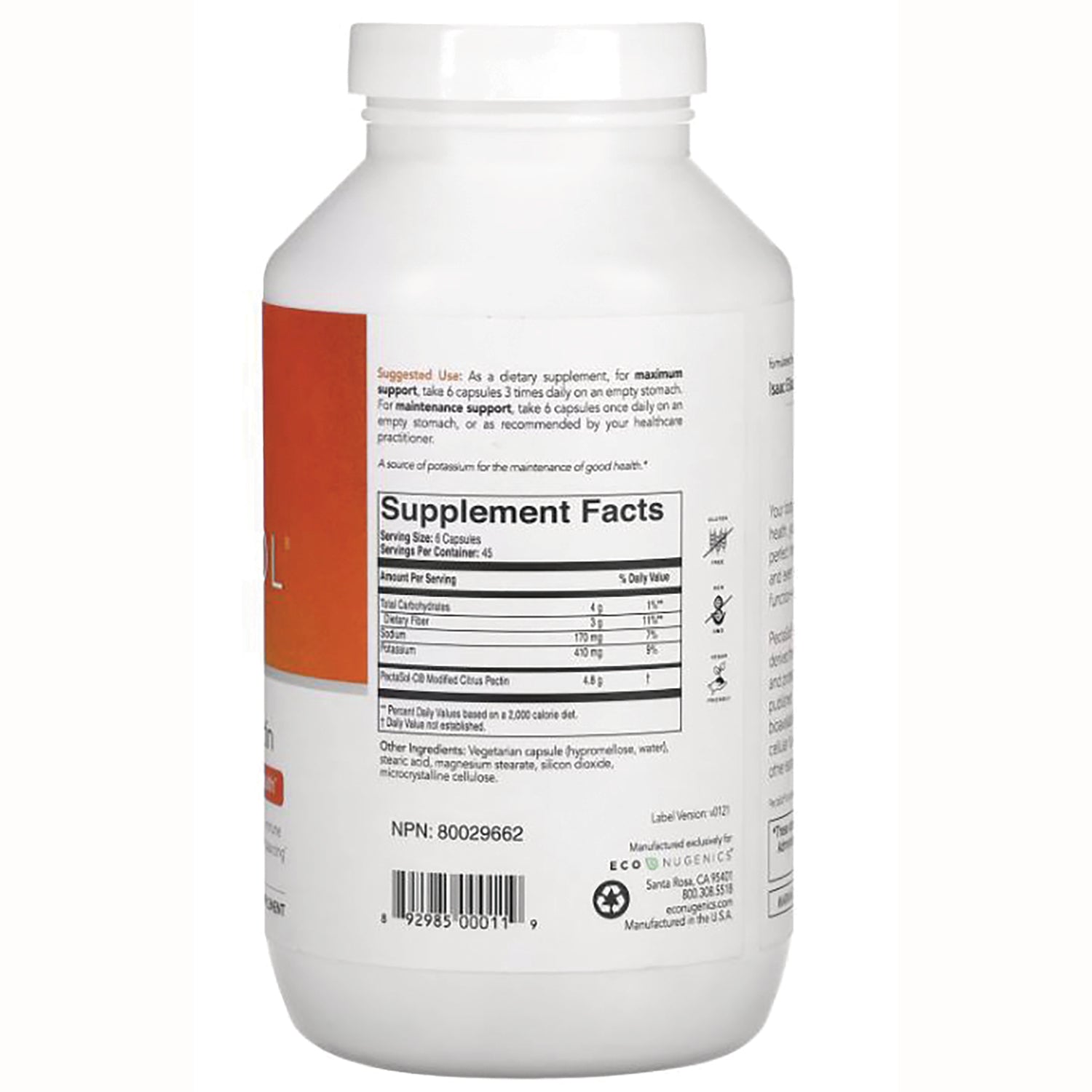 ECN003 | Back label showing Supplement Facts panel, ingredients, and barcode on white supplement bottle