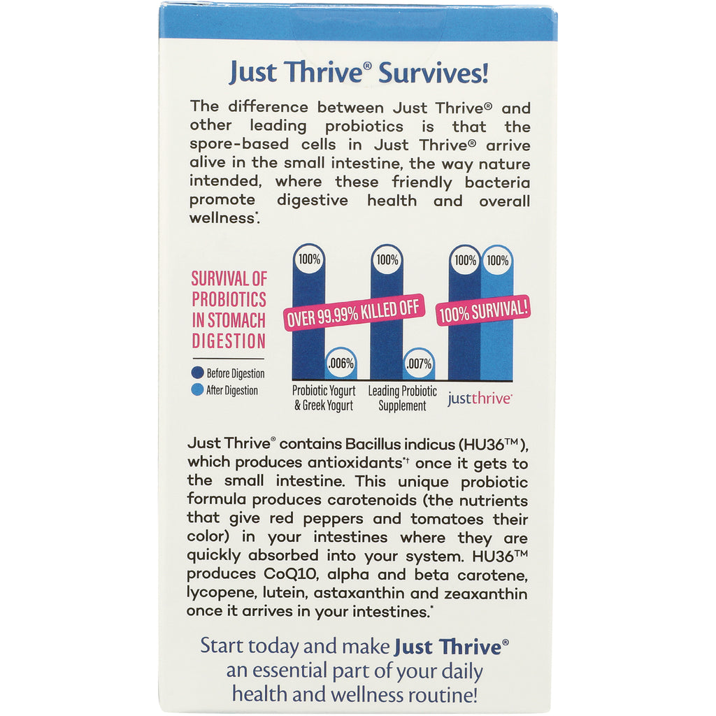 JTR001 | Product infographic panel showing Just Thrive Survives heading and bar chart comparing probiotic survival in stomach digestion - Thumbnail