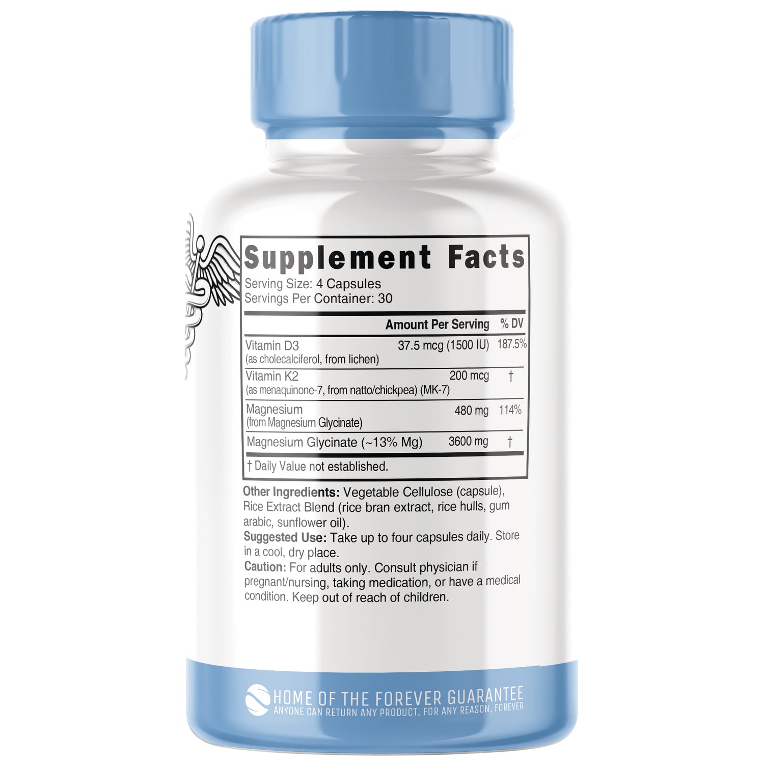 NFU017 | Back of white and blue supplement bottle showing Supplement Facts panel and ingredient and usage text