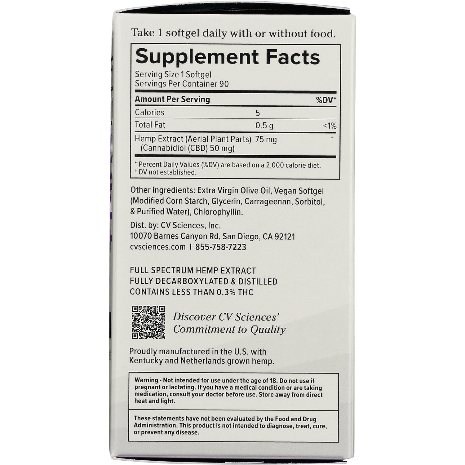 CV035 | Back of white supplement box showing Supplement Facts panel, ingredient list, QR code and warnings