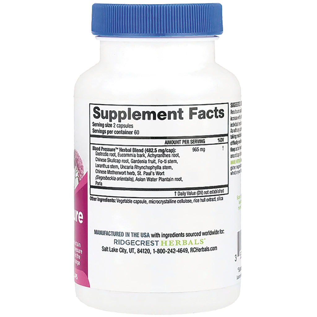 PH065 | Back of white supplement bottle showing Supplement Facts panel and Ridgecrest Herbals manufacturer text - Thumbnail