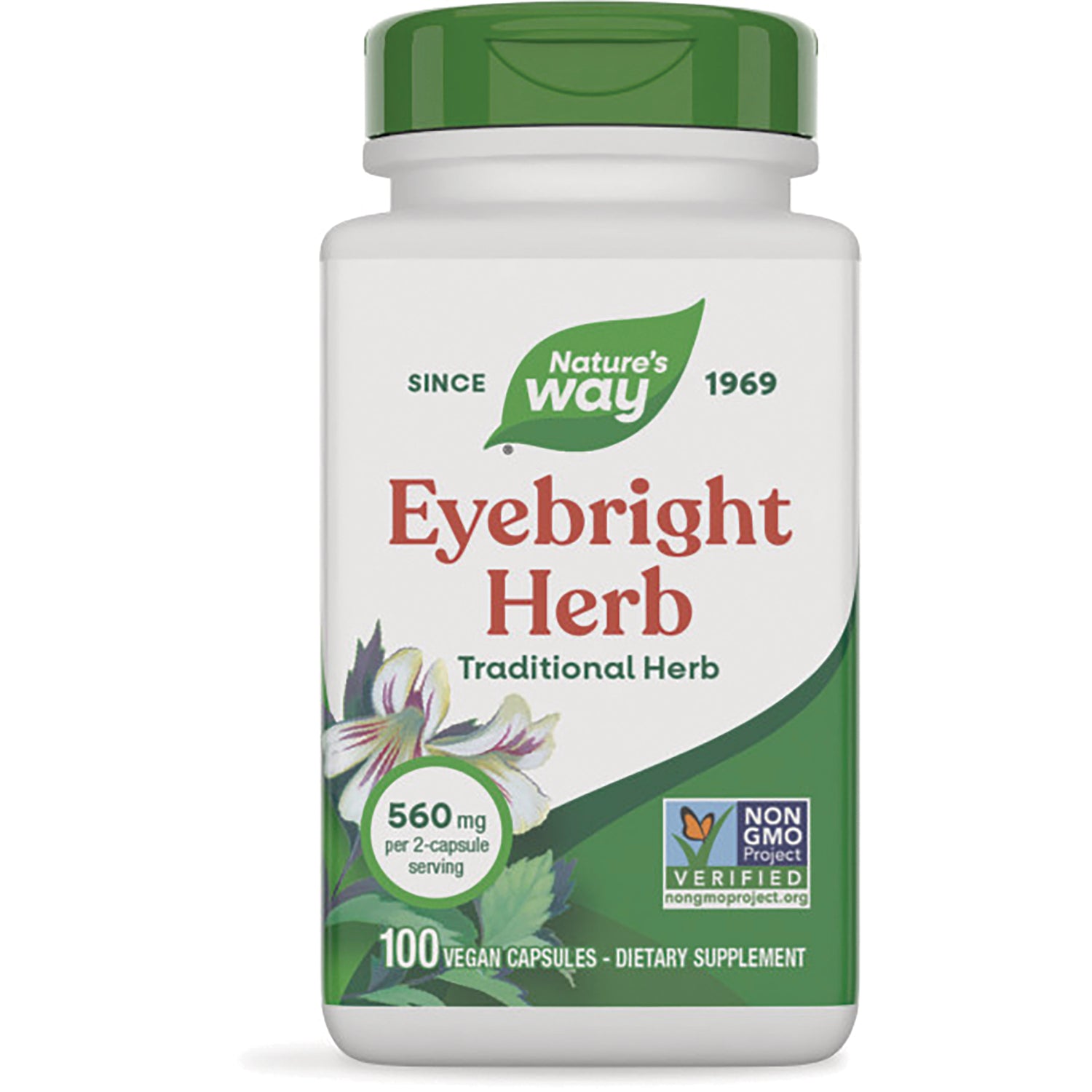 NW133 | Nature's Way Eyebright Herb supplement bottle front, 100 vegan capsules label showing 560 mg per 2-capsule serving