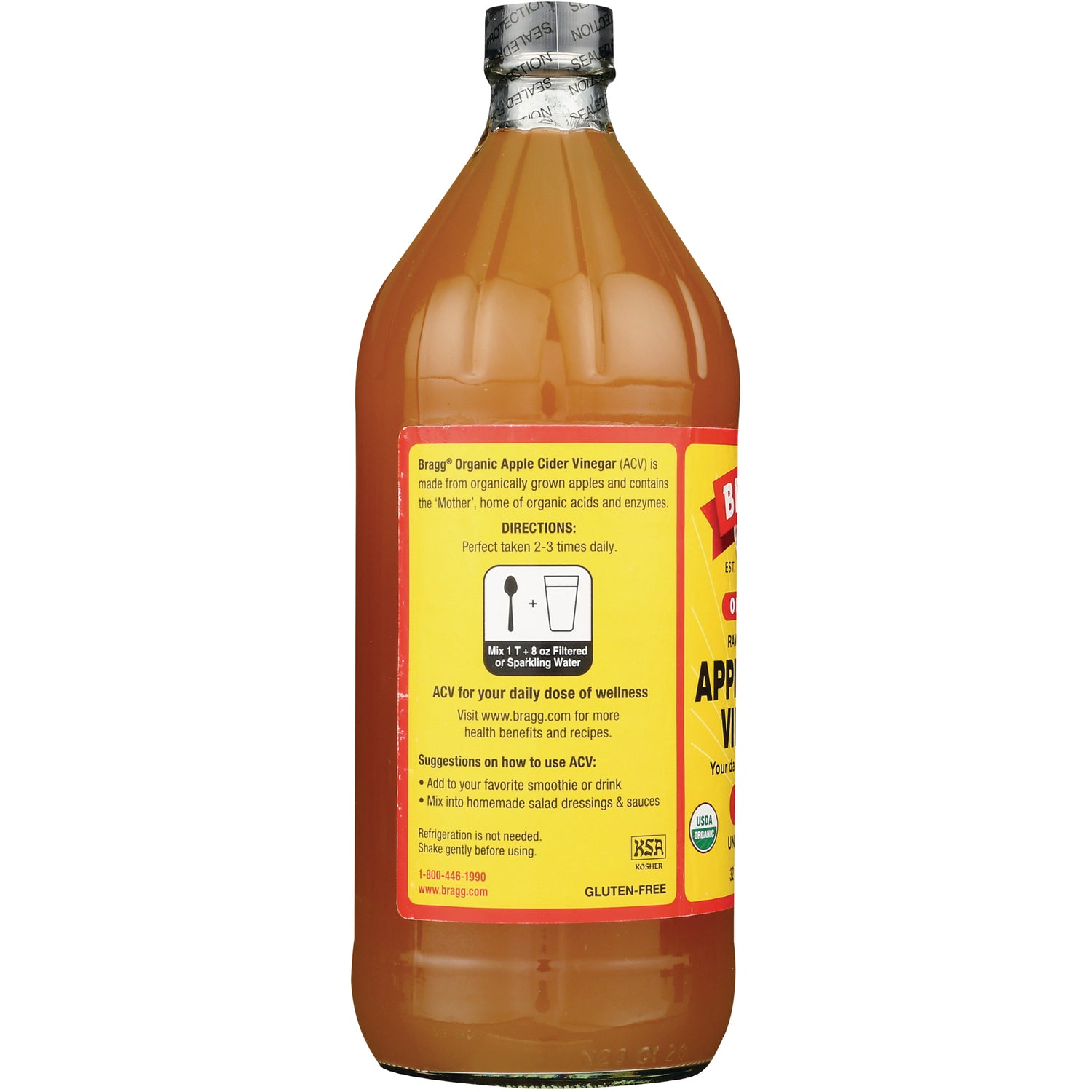 BR006 | back label of apple cider vinegar bottle showing directions, usage suggestions, and certification icons