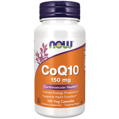 NWF737 | NOW CoQ10 150 mg white bottle with orange label, 100 veg capsules front view