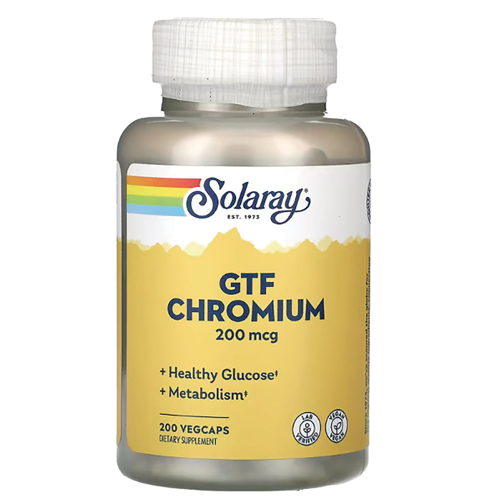 SLR252 | Solaray GTF Chromium 200 mcg, 200 VegCaps dietary supplement bottle - Thumbnail
