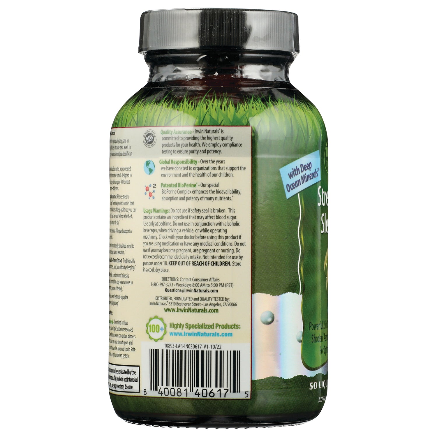 IR260 | product infographic panel on supplement bottle showing usage warnings, barcode, and with Deep Ocean Minerals callout