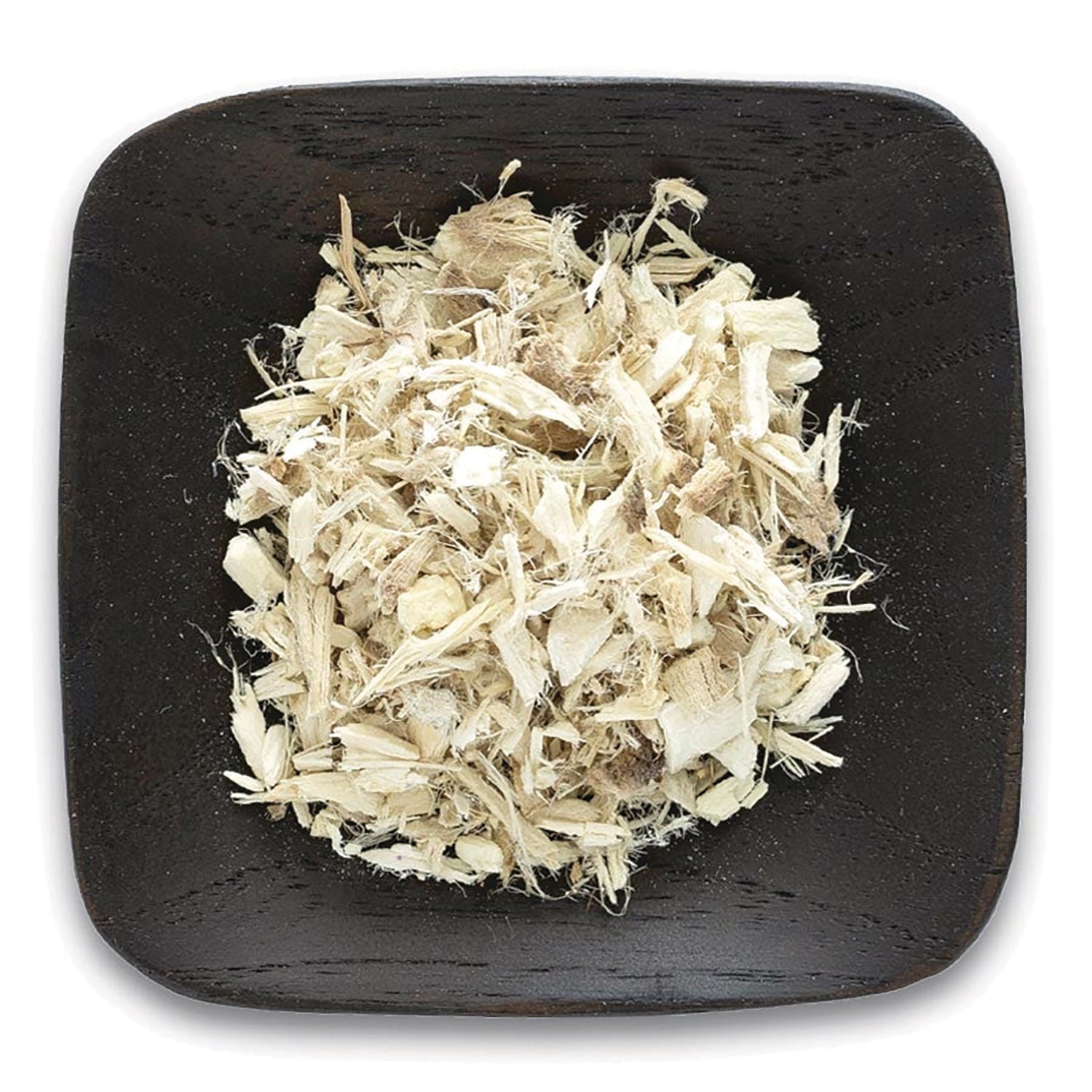 FNP386 | shredded pale root pieces on a dark square wooden dish