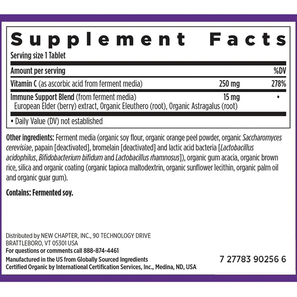 NWC339 | Supplement Facts panel showing serving size, vitamin C 250 mg, immune support blend and ingredients; contains fermented soy - Thumbnail