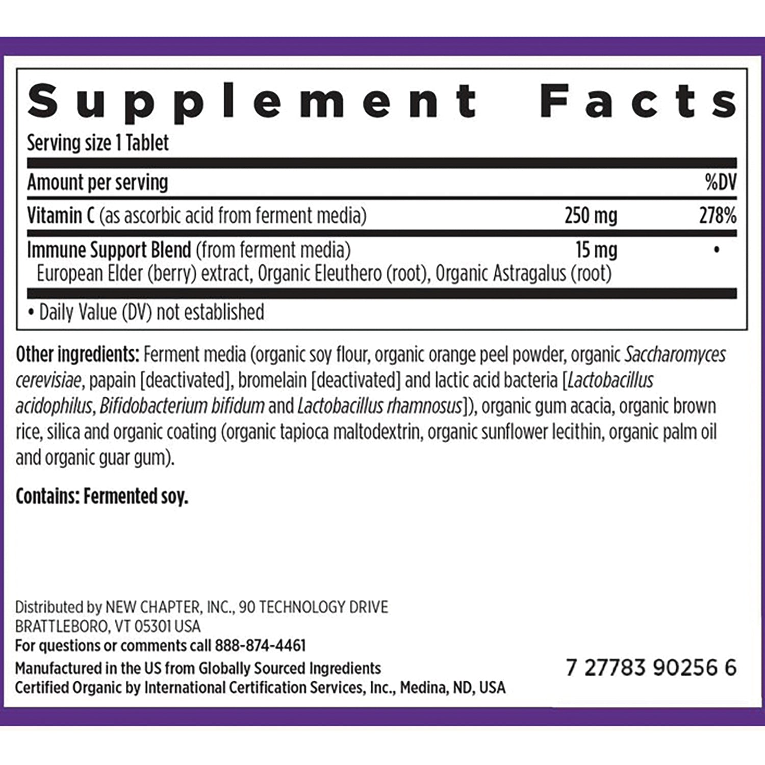 NWC339 | Supplement Facts panel showing serving size, vitamin C 250 mg, immune support blend and ingredients; contains fermented soy