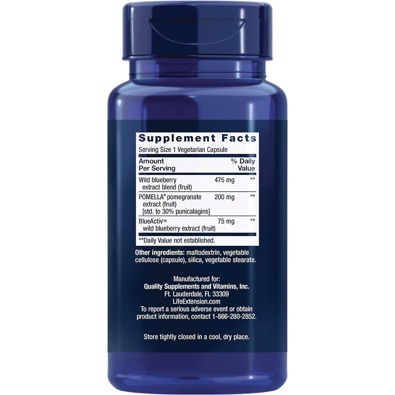 LE070 | Back of blue supplement bottle showing Supplement Facts panel, ingredients and storage instructions