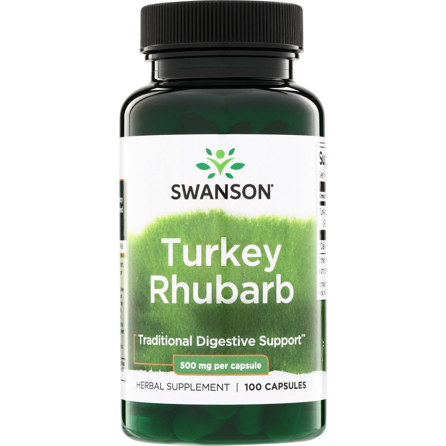 SW1040 | Swanson Turkey Rhubarb supplement bottle, Traditional Digestive Support, 500 mg per capsule, 100 capsules