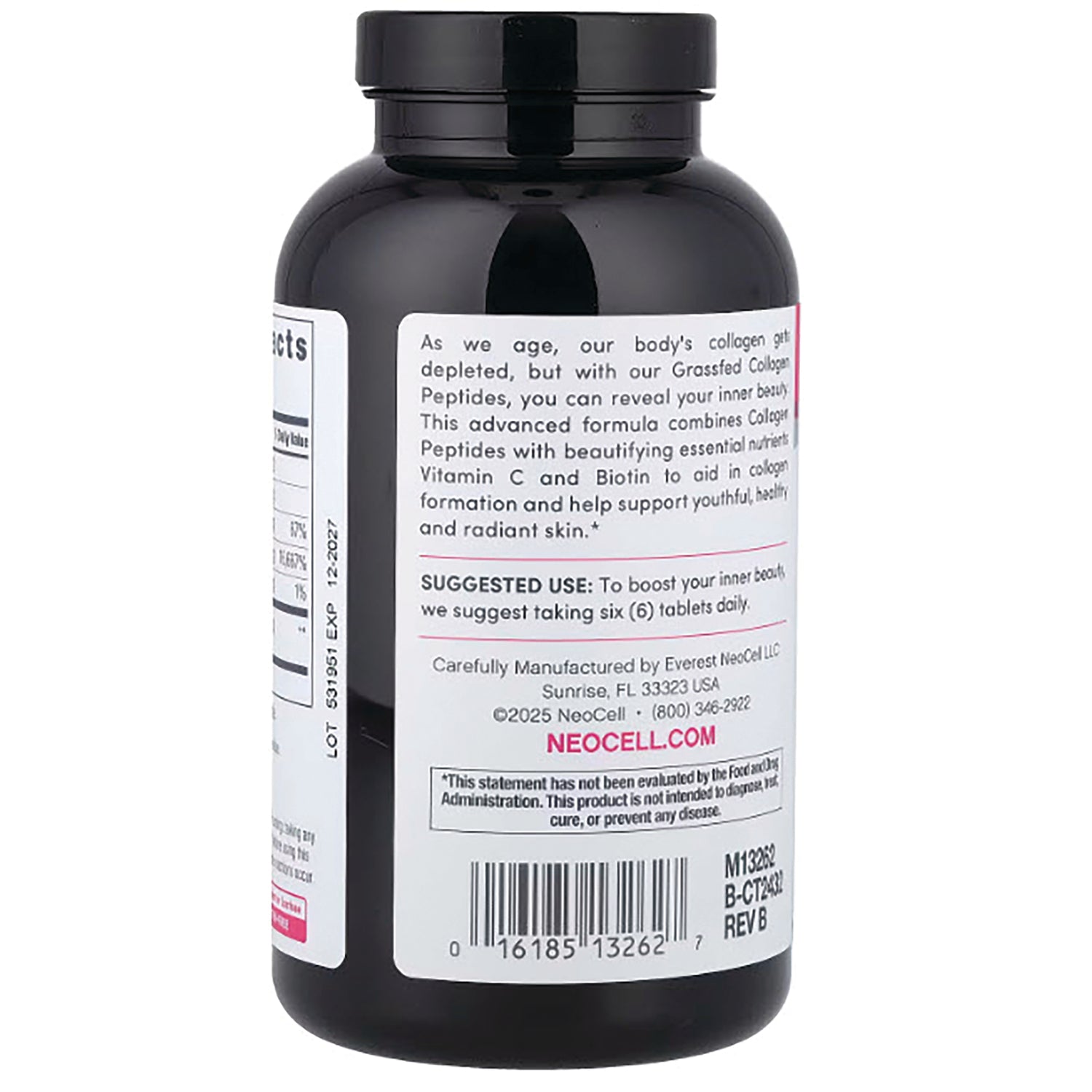 NEC033 | Back of black supplement bottle showing label text, suggested use, and barcode