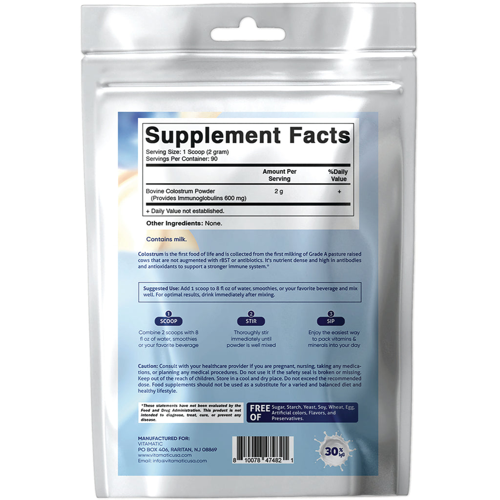 VAM007 | Back of colostrum powder pouch showing Supplement Facts panel, directions and barcode - Thumbnail