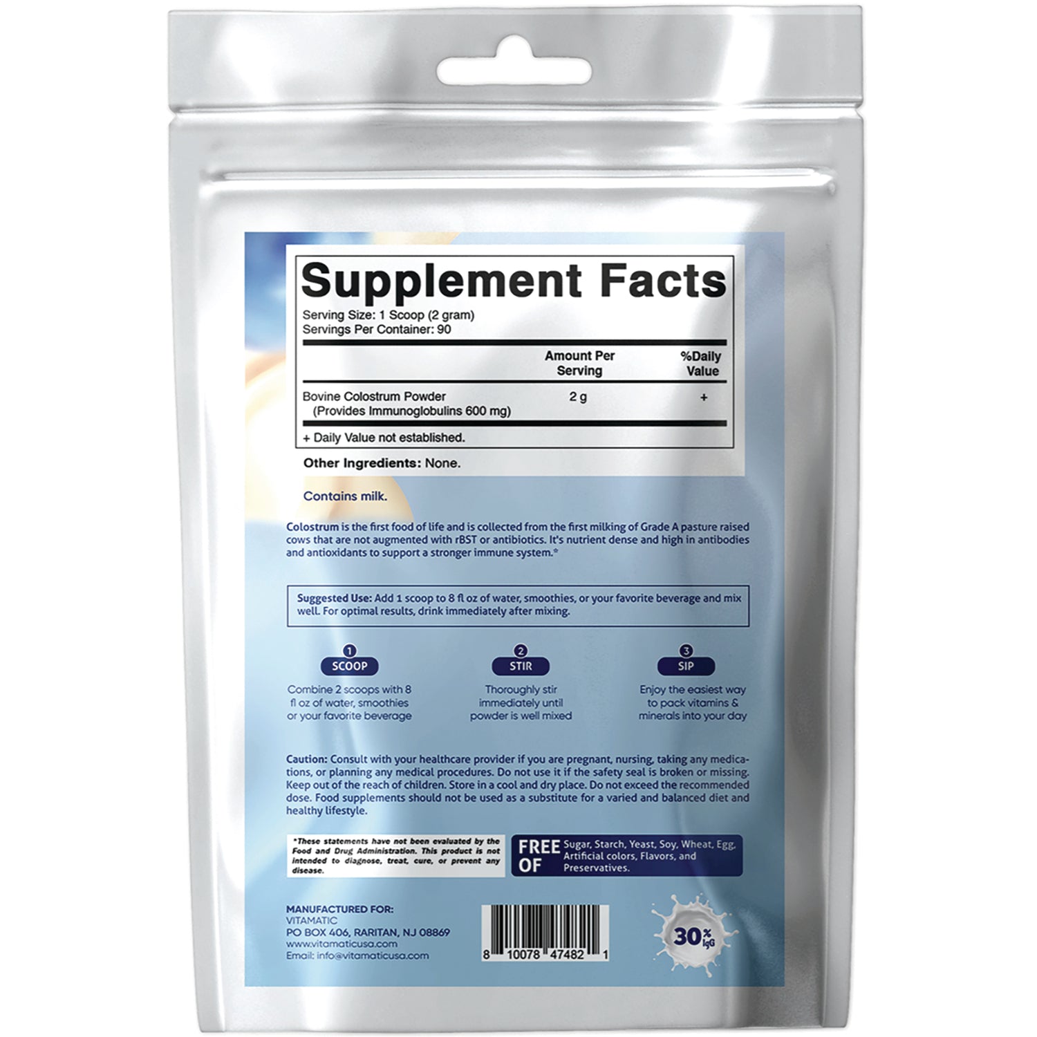 VAM007 | Back of colostrum powder pouch showing Supplement Facts panel, directions and barcode