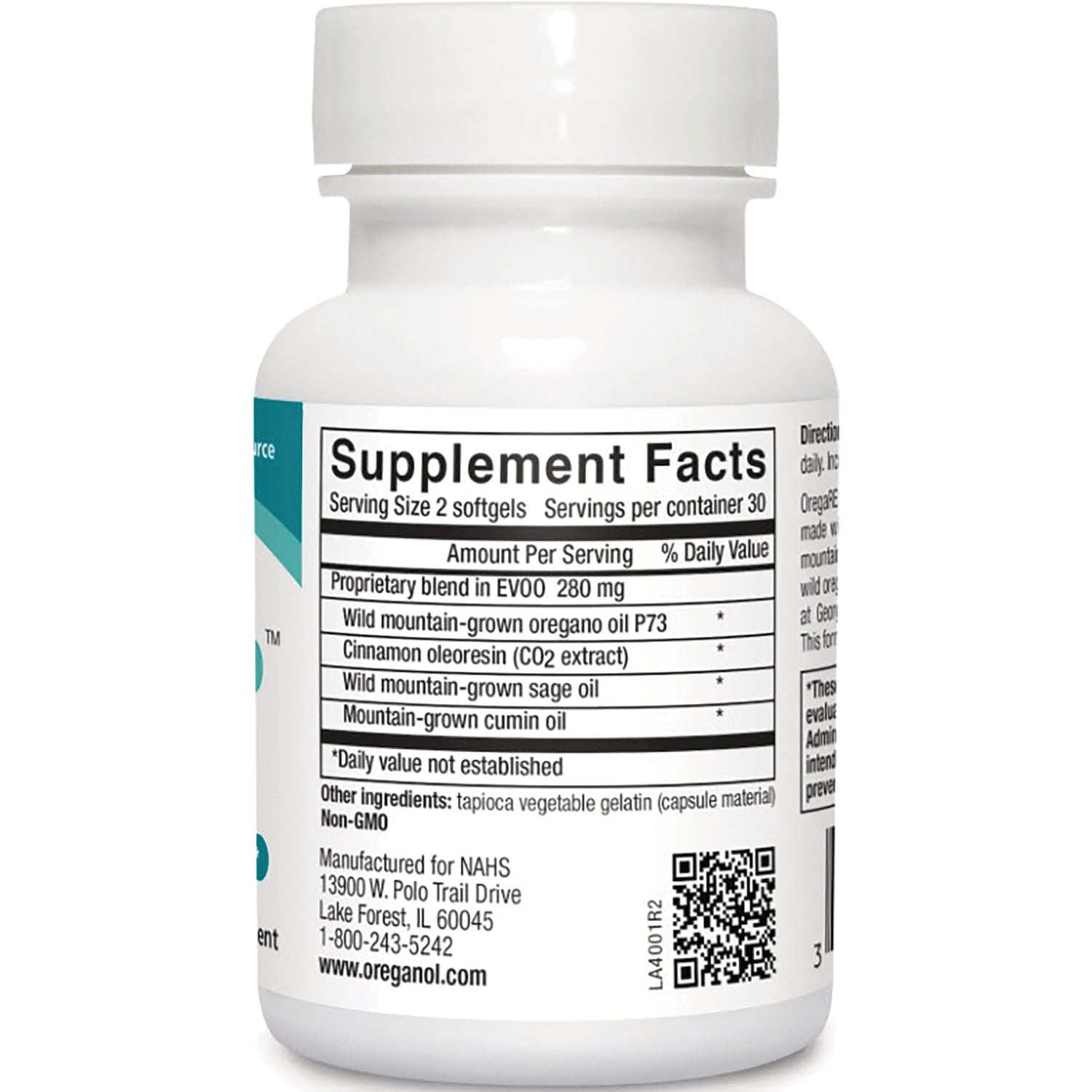 NHS058 | Back label showing Supplement Facts panel, ingredient list and QR code on white supplement bottle