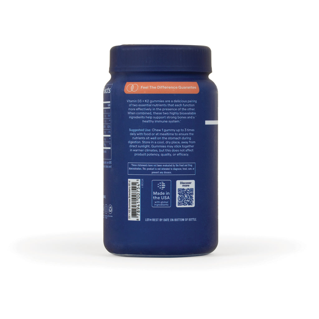 TM145 | Back of blue gummy vitamin bottle with directions, barcode, QR code, and Made in the USA badge - Thumbnail