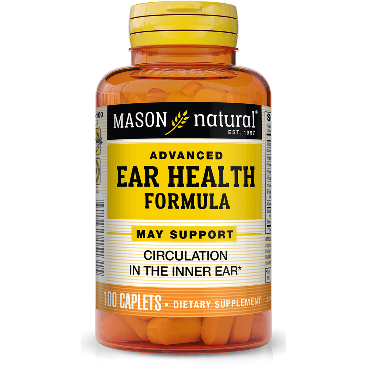 MSN066 | Mason Natural Advanced Ear Health Formula bottle with yellow label, 100 caplets