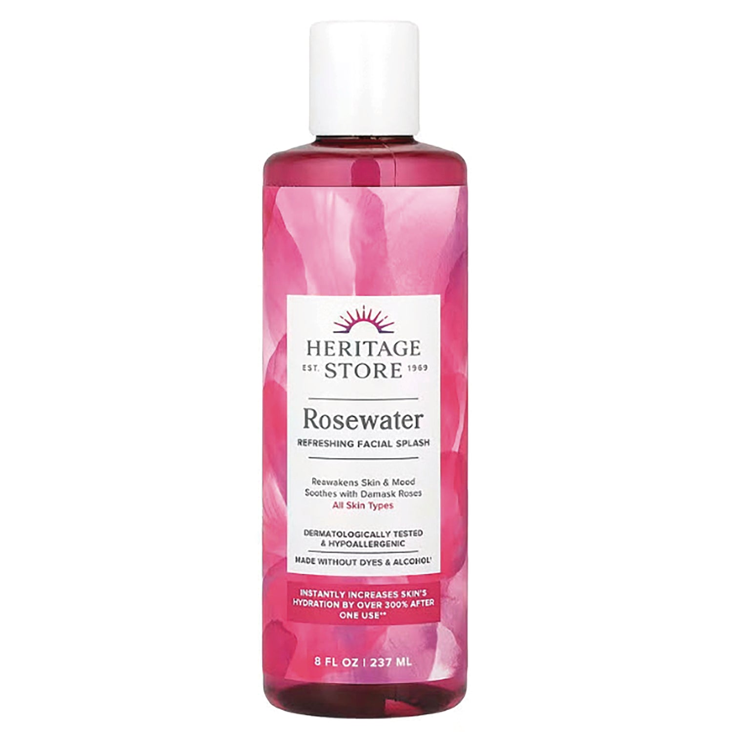 HTG001 | Heritage Store Rosewater refreshing facial splash in tall pink 8 fl oz bottle