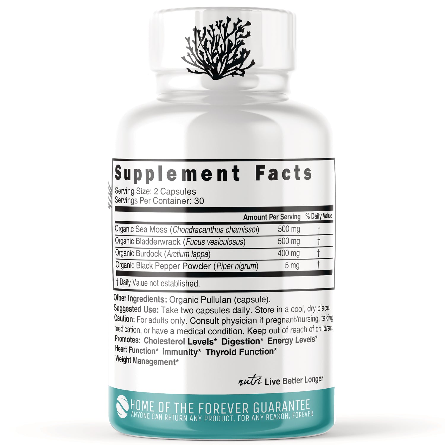 NFU005 | back label showing Supplement Facts panel listing organic sea moss, bladderwrack, burdock and serving size