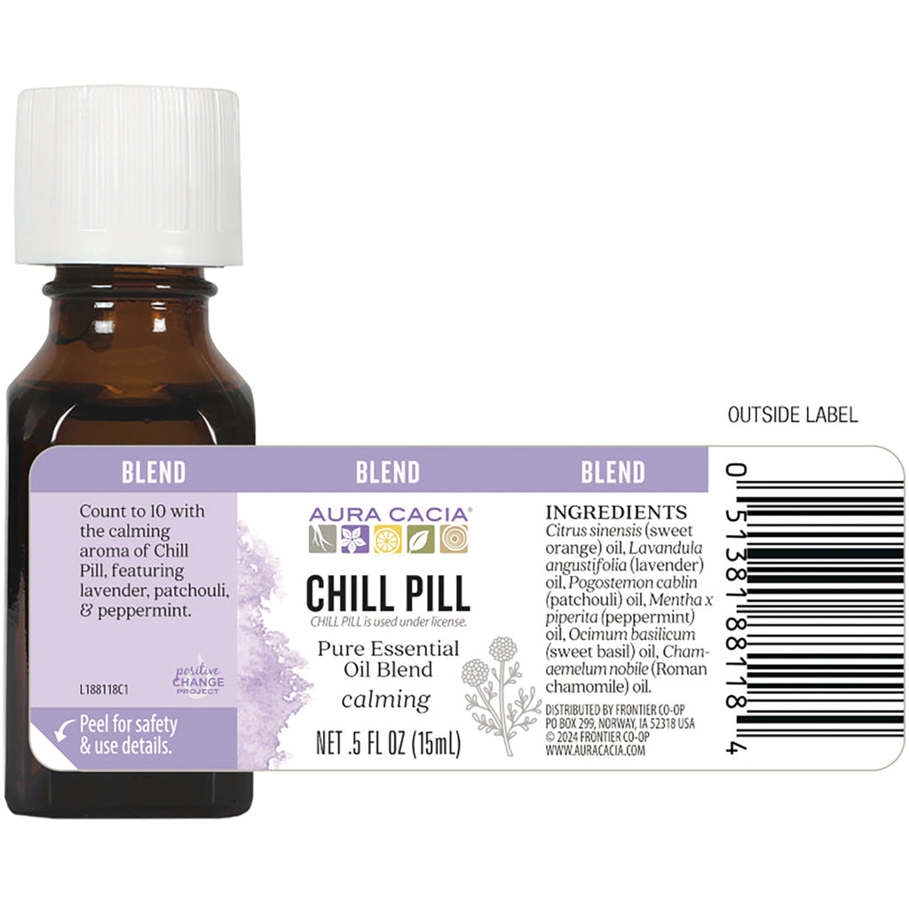 ARC044 | back label of Aura Cacia Chill Pill essential oil blend bottle showing ingredients list, barcode, and peel-for-safety tab - Thumbnail