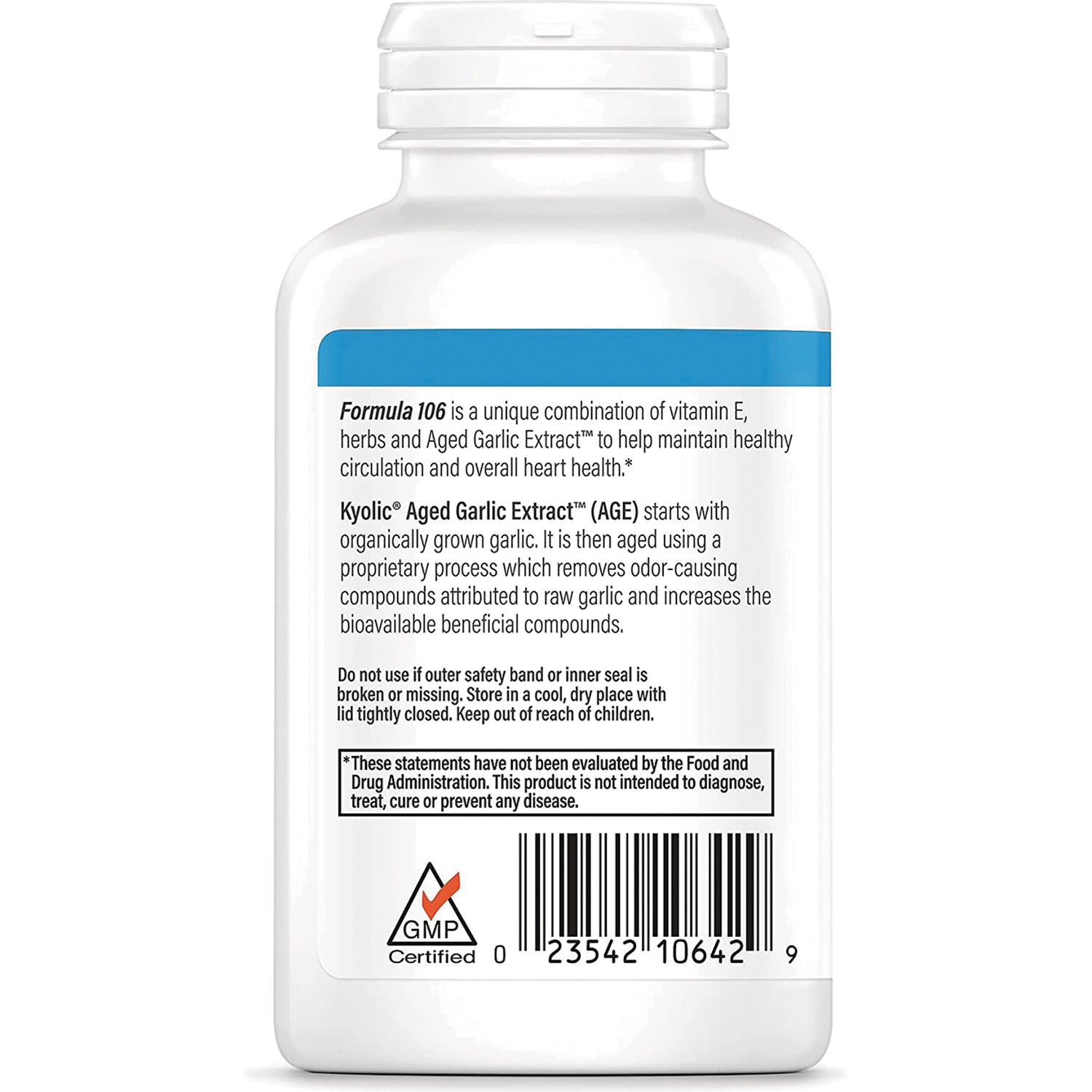 KY064 | back label of white supplement bottle showing Kyolic Aged Garlic Extract description, warnings, barcode and GMP Certified logo