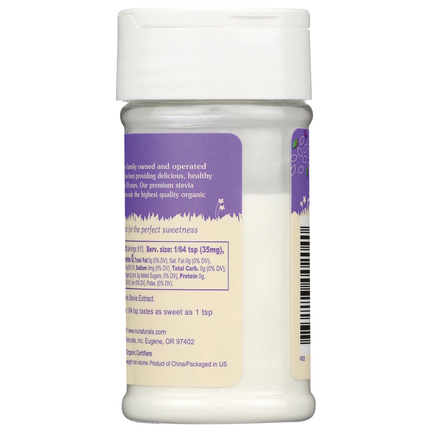 NN061 | Back label of white plastic bottle showing nutrition facts, ingredients text, and barcode