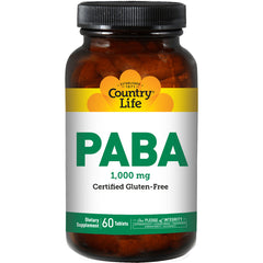 CRL494 | Country Life PABA 1,000 mg supplement bottle labeled Certified Gluten-Free, 60 tablets